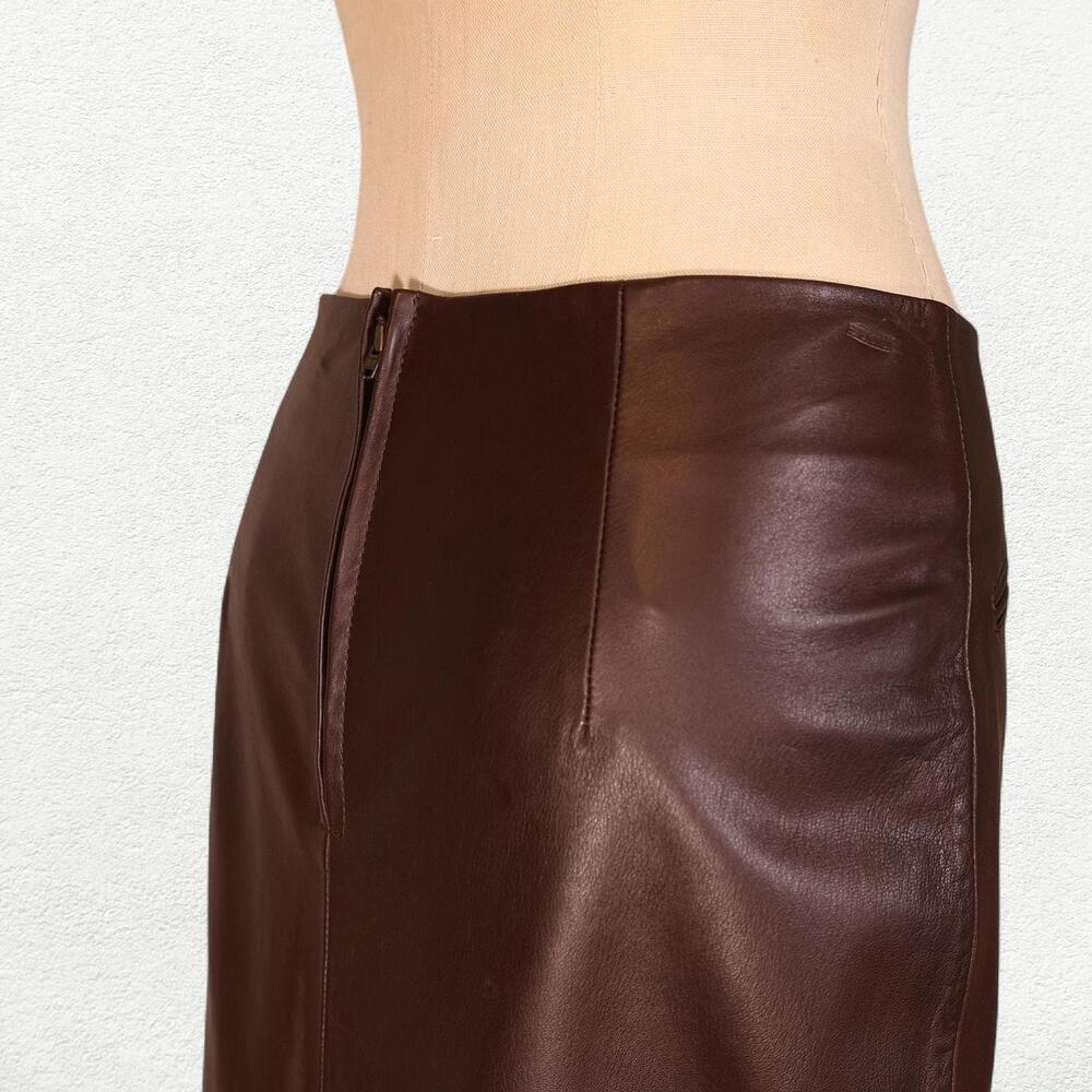 Rouje Paris Fiona Leather Pencil Midi Skirt in Chocolate Brown Burgundy - Picture 7 of 9